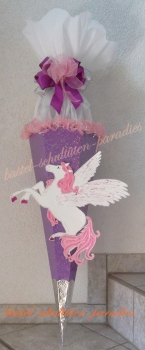 Schultüten Bastelset Pegasus lila mit Schleifenband-Rüsche , Glitzer-Rohling