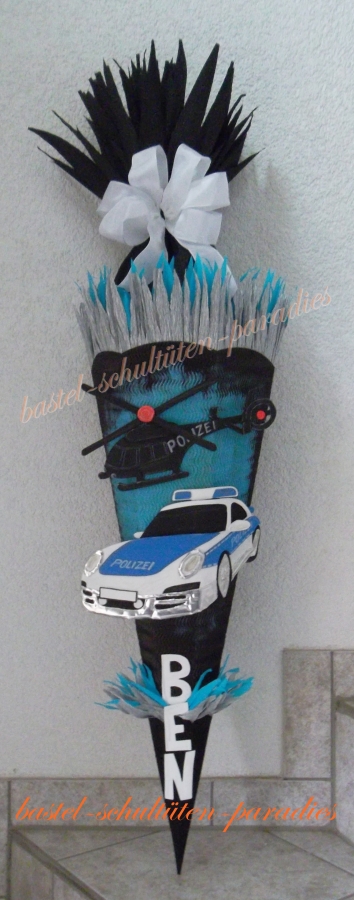 Bastelset Schultüte Polizeiauto mit Hubschrauber schwarz-blau