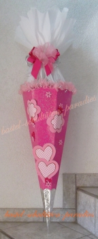 Schultüten Bastelset Blumen und Herzen pink-rosa mit Schleifenband-Rüsche, Glitzer-Rohling