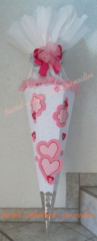 Schultüten Bastelset Blumen und Herzen weiß-rosa mit Schleifenband-Rüsche , Glitzer-Rohling