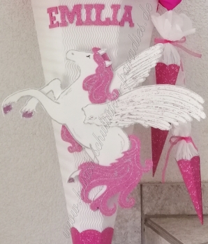 Schultüten Bastelset Pegasus weiß-pink-Glitter mit 3 kleinen Tüten zum Anhängen