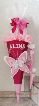 Schultüten Bastelset Schmetterling 3 pink-rosa-weiß-Glitter mit 3 kleinen Tüten zum Anhängen