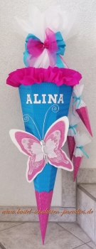 Schultüten Bastelset Schmetterling 3 türkis-pink-weiß-Glitter mit 3 kleinen Tüten zum Anhängen