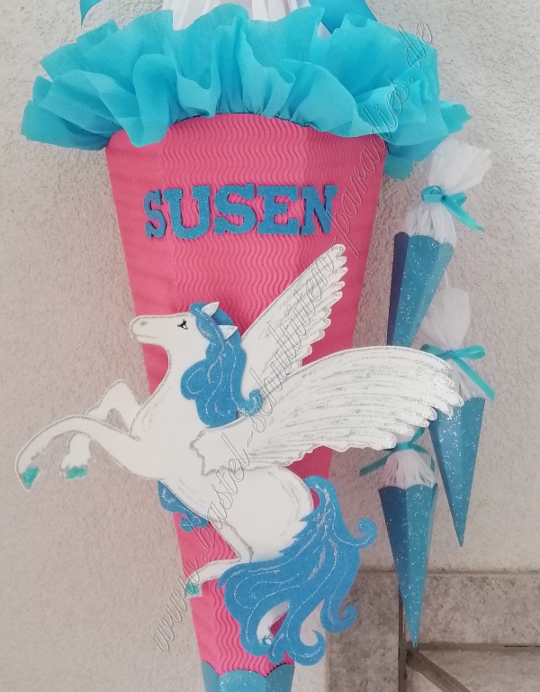 Schultüten Bastelset Pegasus rosa-hellblau-weiß-Glitter mit 3 kleinen Tüten zum Anhängen
